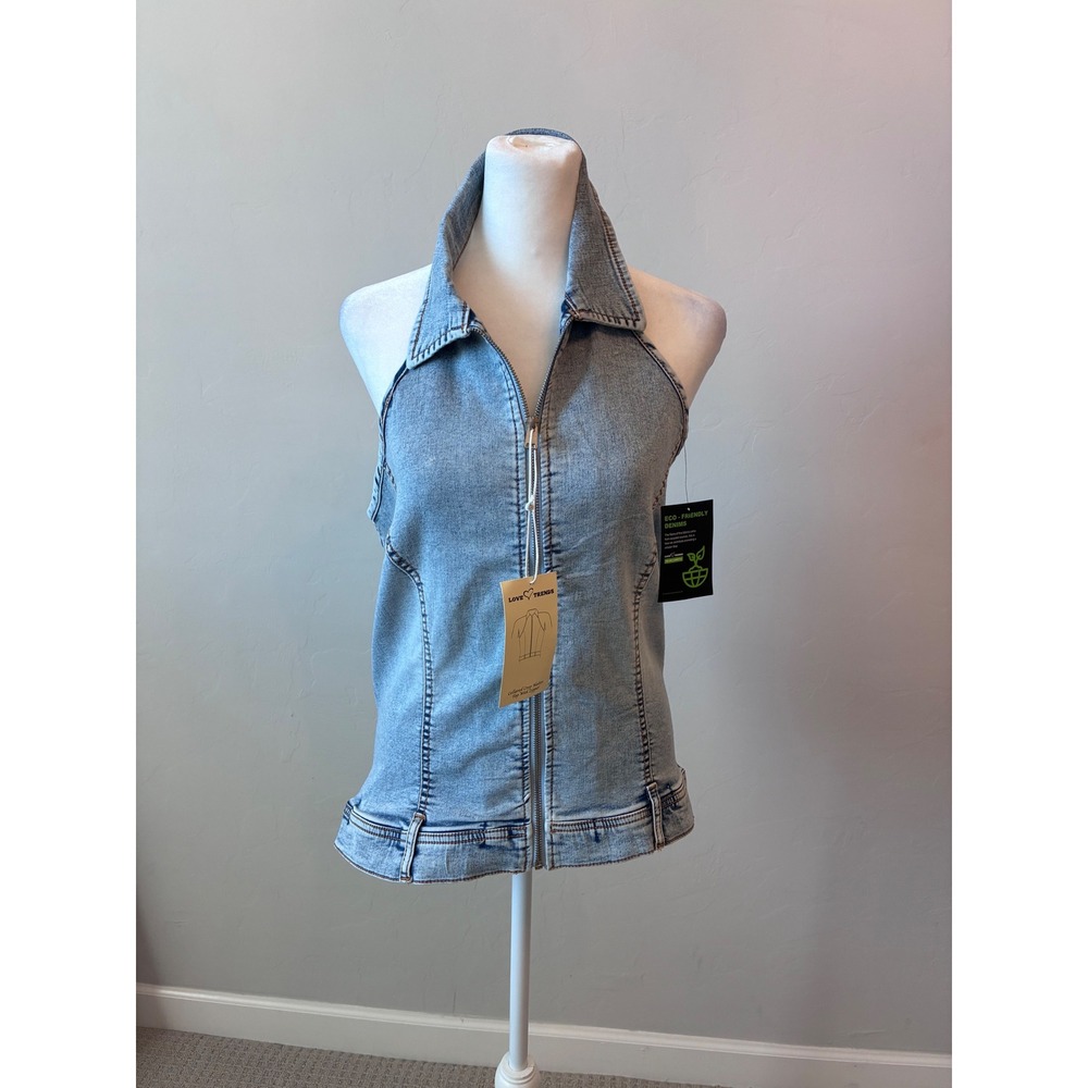 Western Cowgirl Festival Wear Denim Halter Top Zip Front Smocked Back Large NWT